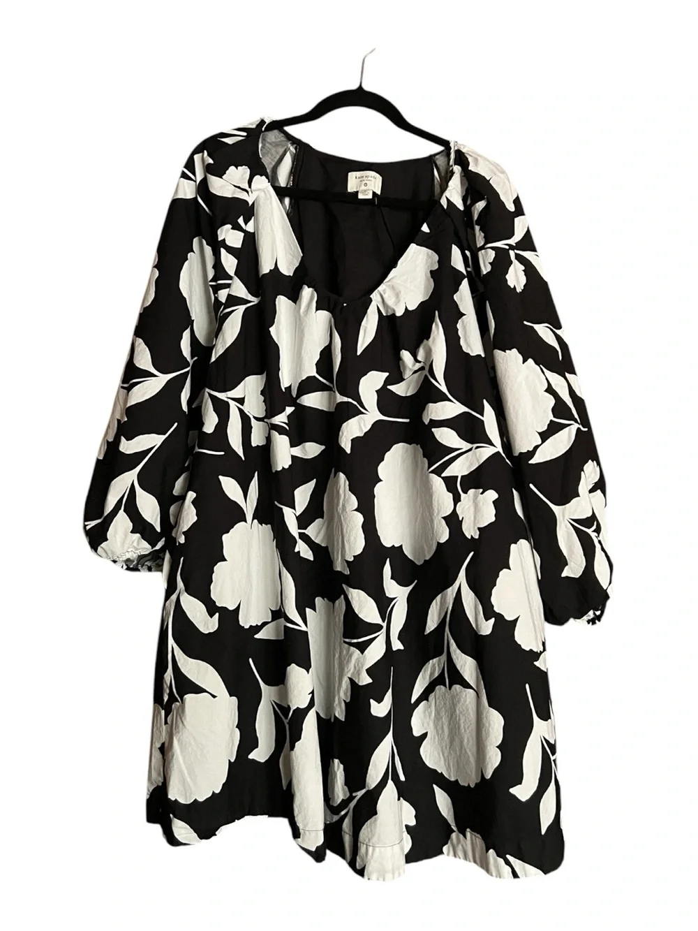 Kate Spade Black & White Floral V-Neck Babydoll Dress Size XL Cotton